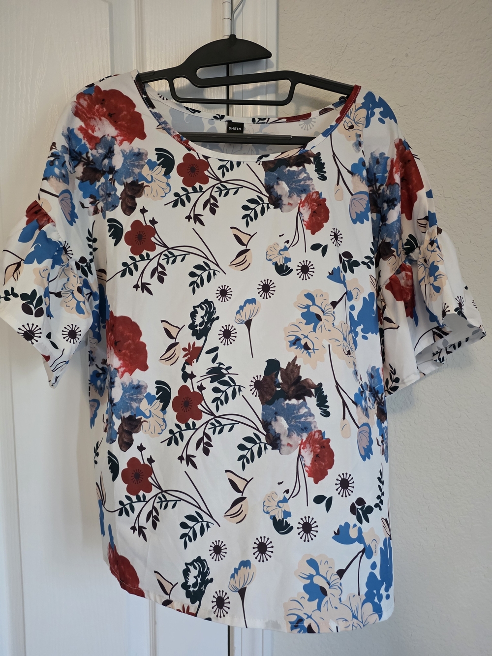 SHEIN White Floral Short Sleeve Blouse with Red & Blue Blooms